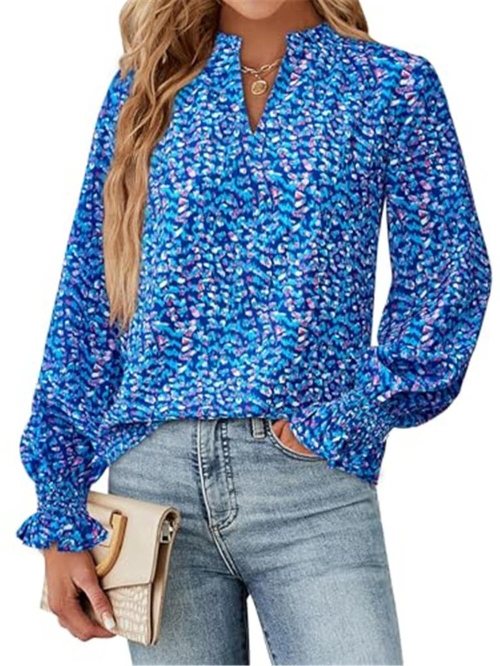Women's V Neck Floral Long Sleeve Top Summer Casual Loose Puff Sleeve Boho - Picture 2 of 7
